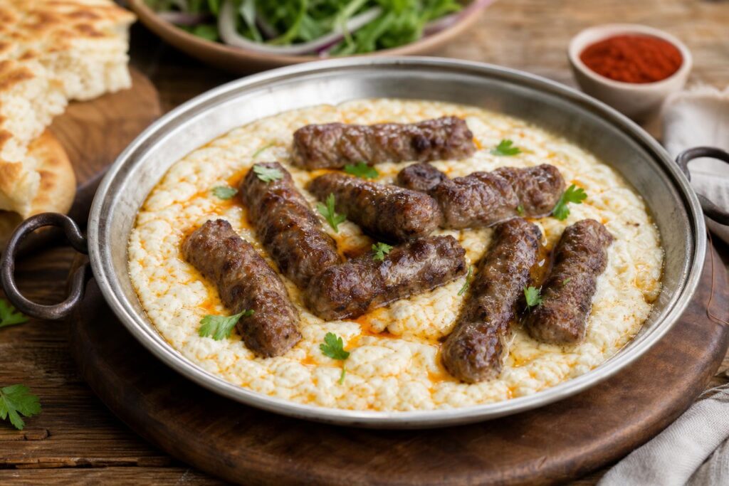 Ćevapi na kajmaku u metalnoj posudi sa peršunom