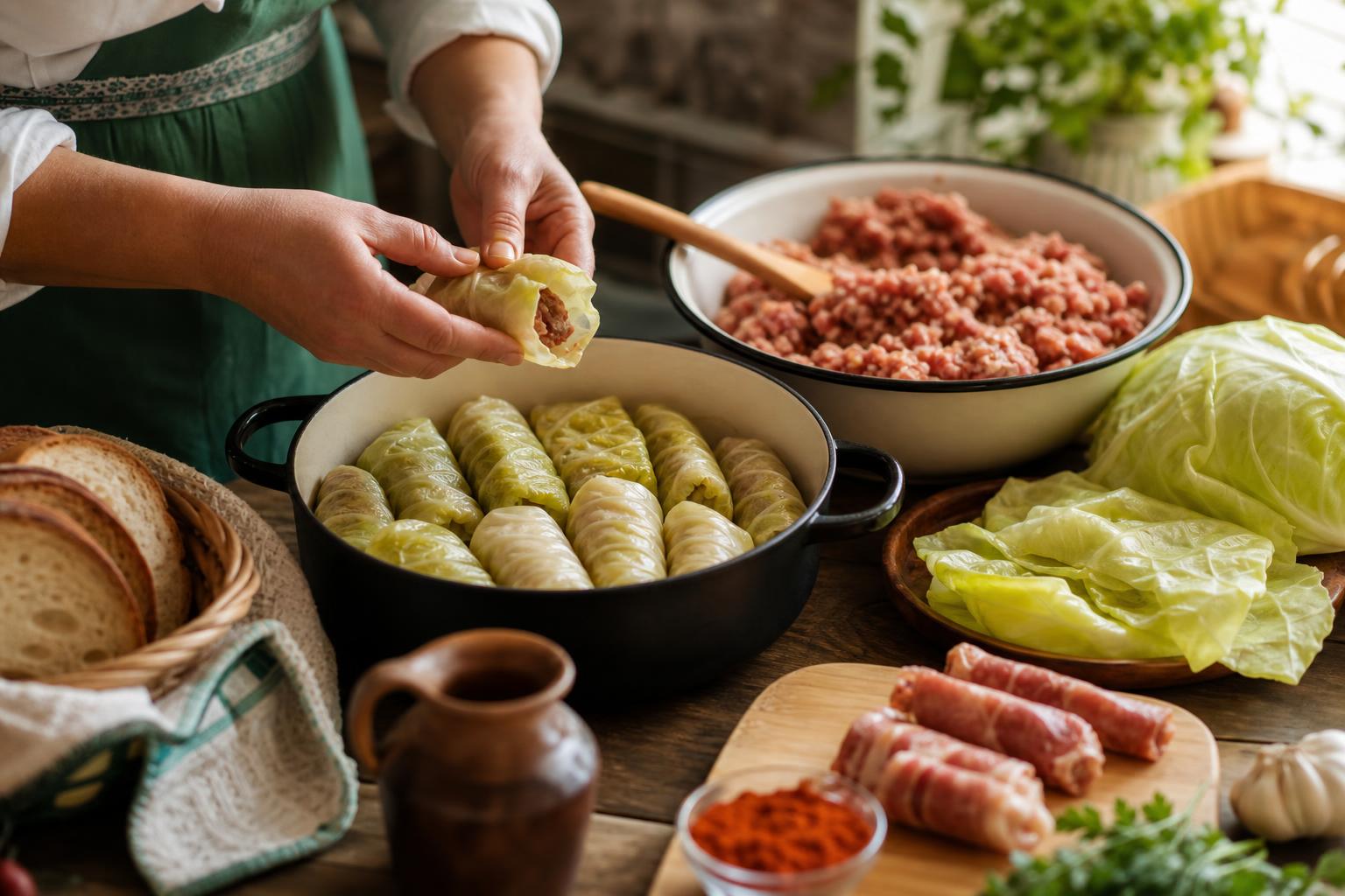 Ruke uvijaju sarmu od kupusa sa mlevenim mesom
