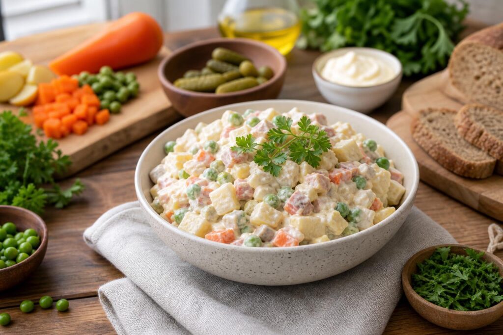 Ruska salata u činiji sa povrćem i peršunom