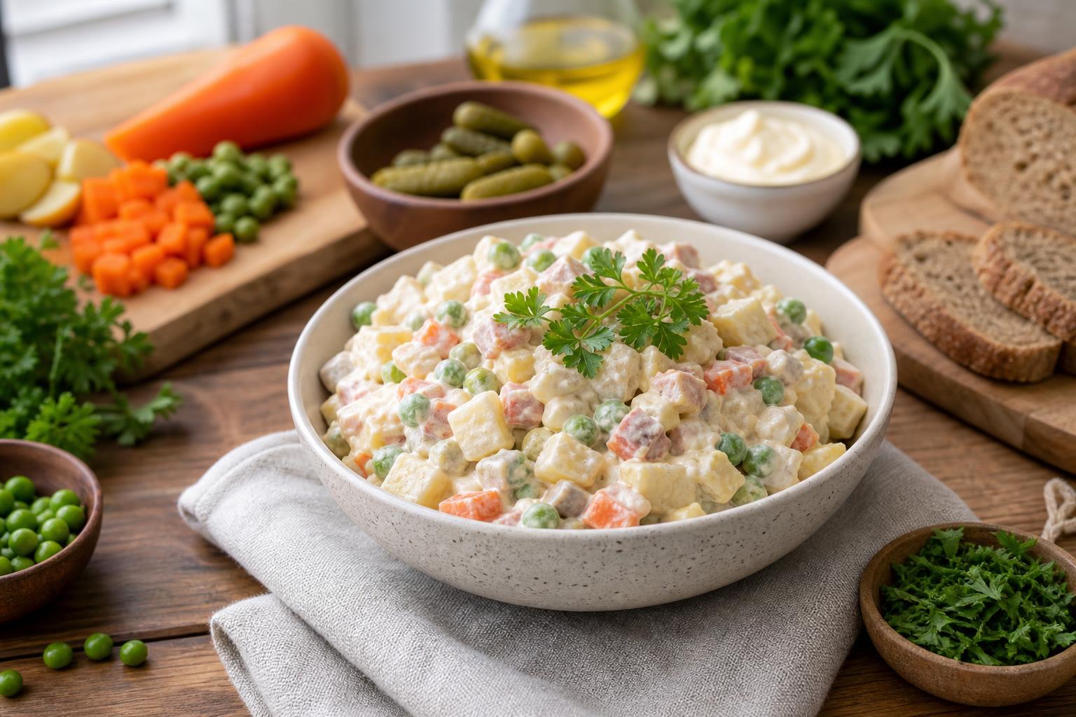 Ruska salata u činiji sa povrćem i peršunom